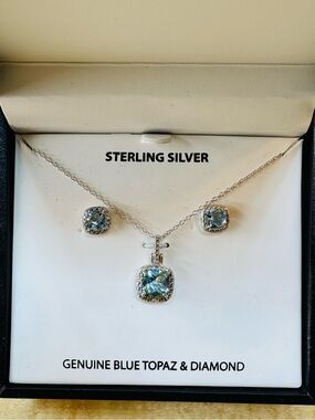 Sterling Silver Blue Topaz & Diamond Cushion Pendant Necklace